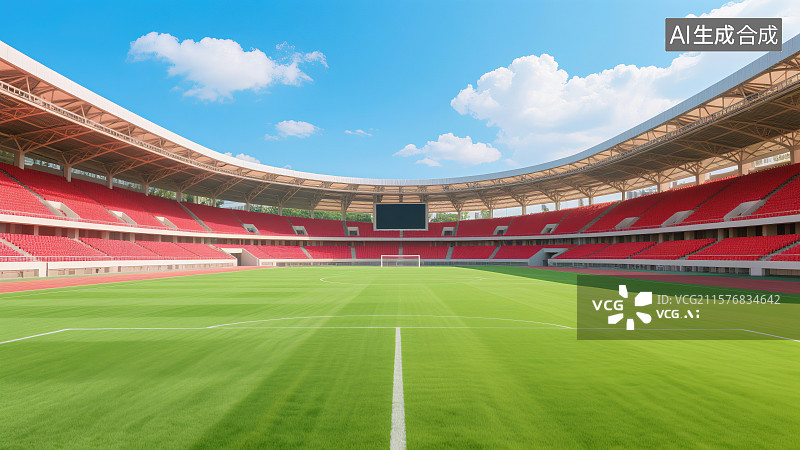 【AI数字艺术】晴朗天气蓝天白云下的体育场足球场图片素材