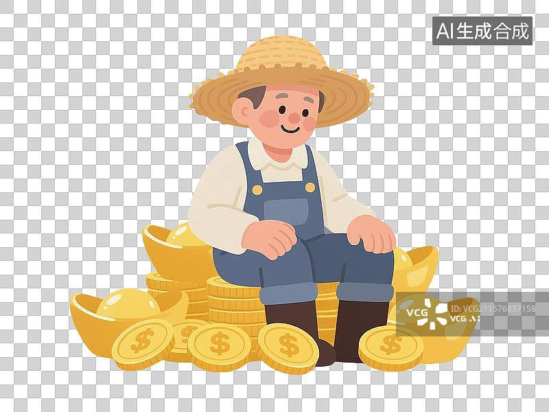 【AI数字艺术】卡通插画中坐于金币元宝上的农民中年男人图片素材