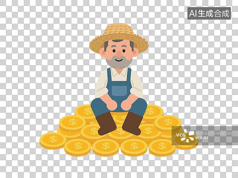 【AI数字艺术】卡通插画中坐于金币元宝上的农民中年男人图片素材