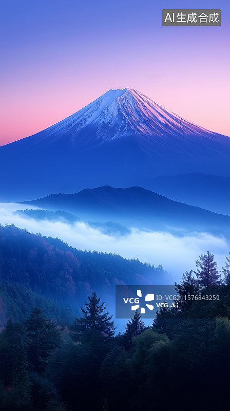 【AI数字艺术】富士山夜景与湖面雾气图片素材