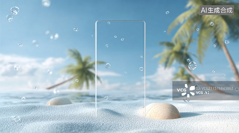 【AI数字艺术】透明气泡手机屏与热带海滩背景图片素材