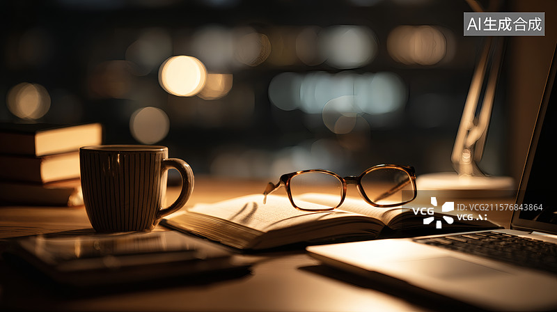 【AI数字艺术】温馨的夜间书房图片素材