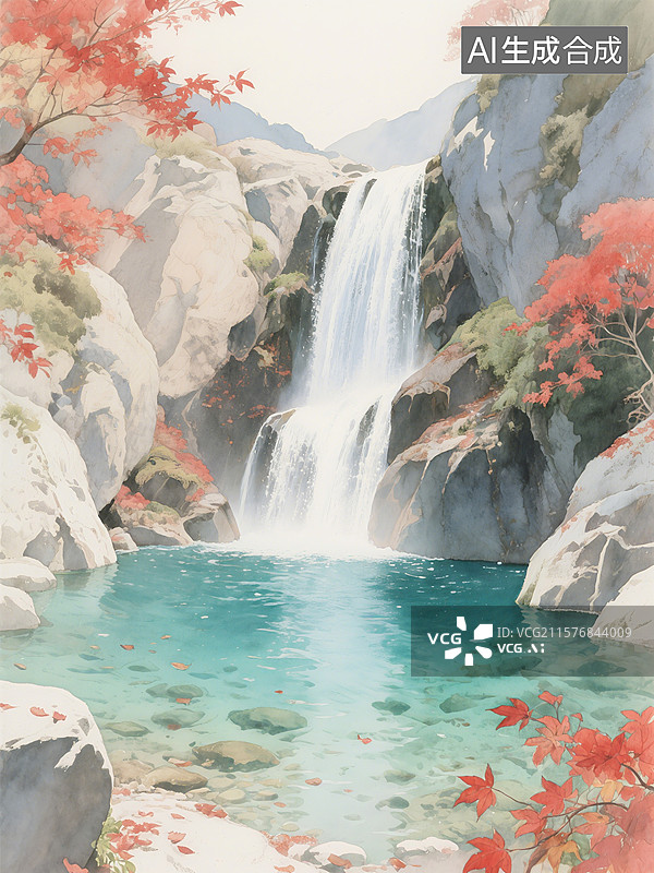 【AI数字艺术】瀑布从岩石间倾泻而下，汇入清澈的水池，周围点缀着红色枫叶和绿色植被图片素材