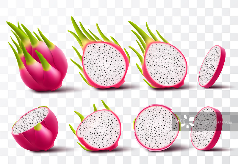一组完整和切片的成熟火龙果图片素材
