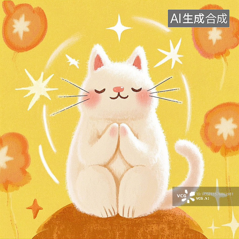 【AI数字艺术】治愈系插画，双手合十，许愿的小猫，橘猫，宠物猫，佛系宠物猫，祈福，祈祷图片素材