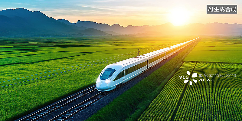 【AI数字艺术】绿色田野里奔驰的高铁列车象征着飞速发展的中国经济和中国速度基建建设图片素材
