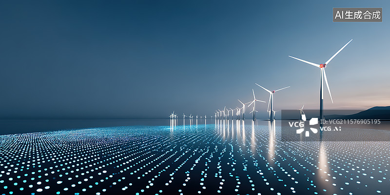 【AI数字艺术】海上风电新能源发电概念科技风插画图片素材