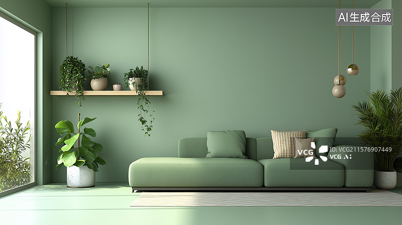 【AI数字艺术】鼠尾草绿现代极简客厅设计图片素材