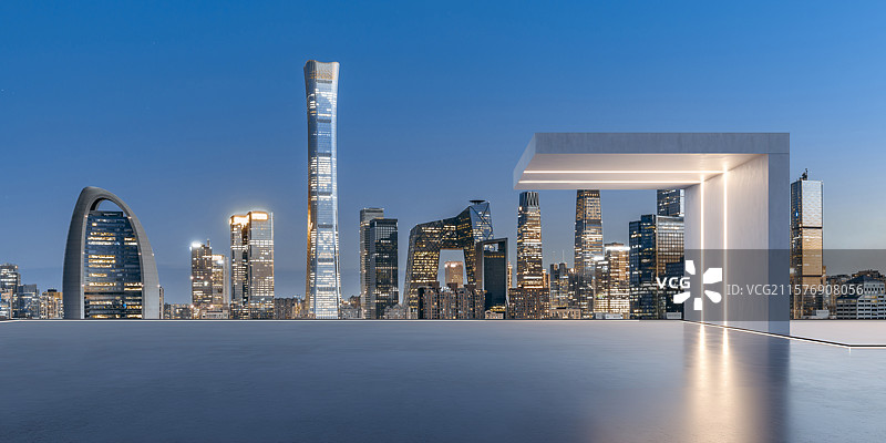 中国北京城市天际线夜景背景下的现代极简建筑平台停车场图片素材