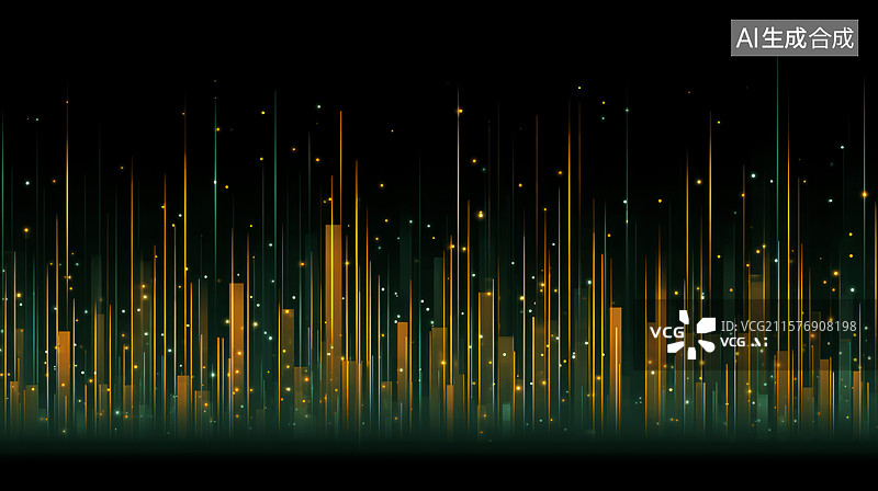 【AI数字艺术】金色线条粒子城市天际线绿色轮廓商务科技背景图片素材