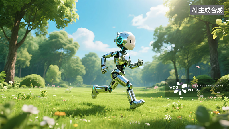 【AI数字艺术】未来人工智能机器人在跑道上跑步图片素材