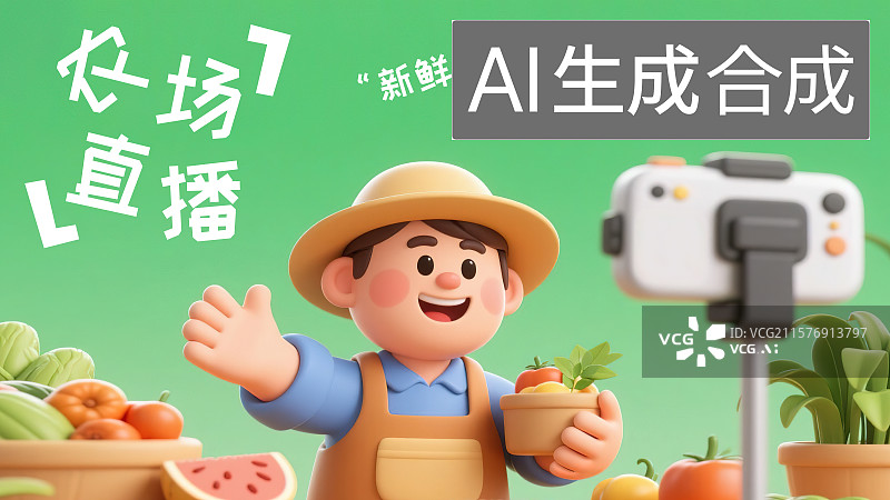 【AI数字艺术】农副产品新鲜水果蔬菜销售农民线上直播购物现代电商助力农业发展活动宣传海报模板卡通3D三维立体渲染插画图片素材
