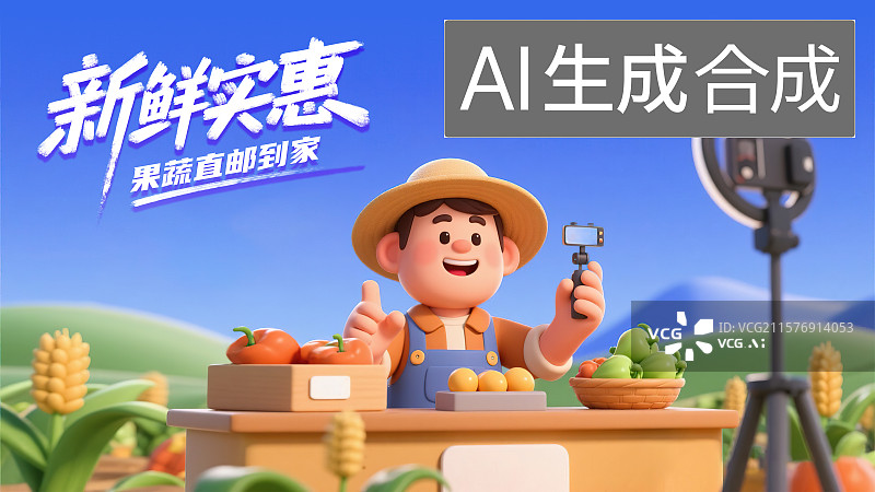 【AI数字艺术】农副产品新鲜水果蔬菜销售农民线上直播购物现代电商助力农业发展活动宣传海报模板卡通3D三维立体渲染插画图片素材