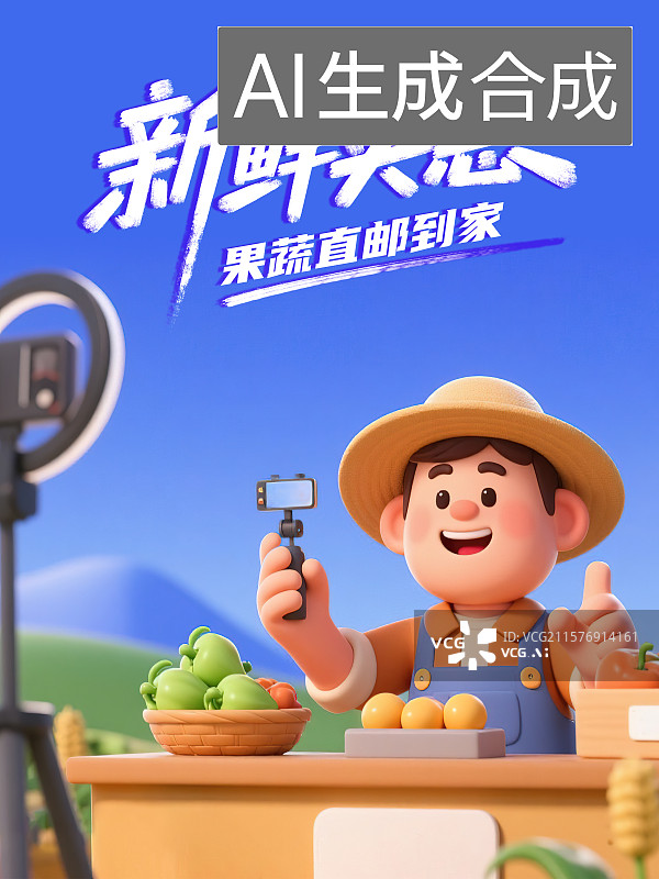 【AI数字艺术】农副产品新鲜水果蔬菜销售农民线上直播购物现代电商助力农业发展活动宣传海报模板卡通3D三维立体渲染插画图片素材