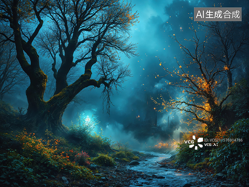 【AI数字艺术】幽静森林夜景图片素材
