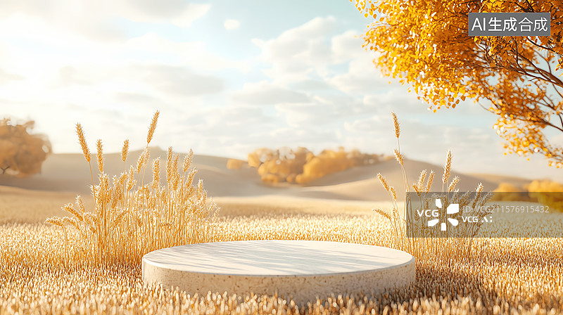 【AI数字艺术】金色秋天谷类食品小麦丰收产品展台电商背景图片素材