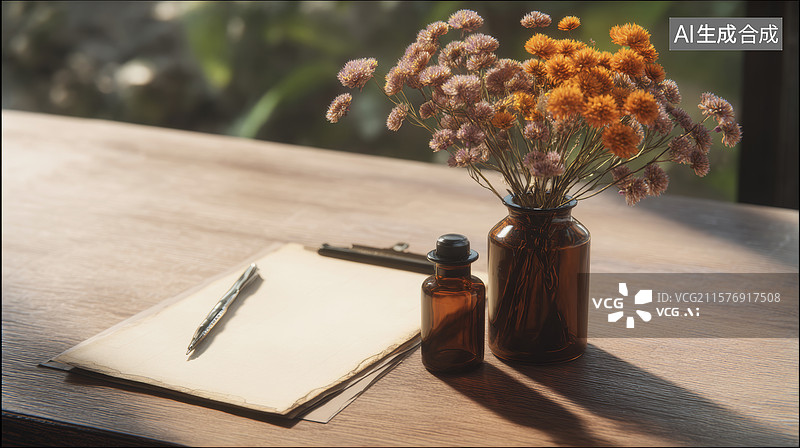 【AI数字艺术】木桌上摆放着干燥花精油瓶和空白记事本图片素材