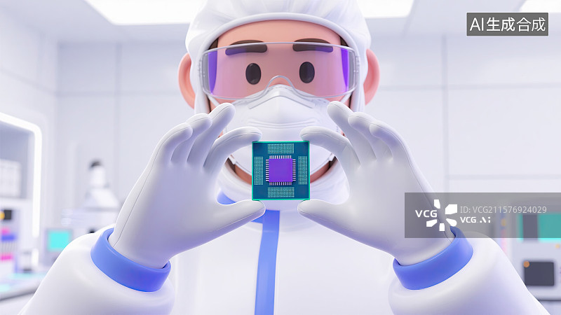 【AI数字艺术】3D白色，防尘服，工程师，观察芯片，科技插画图片素材