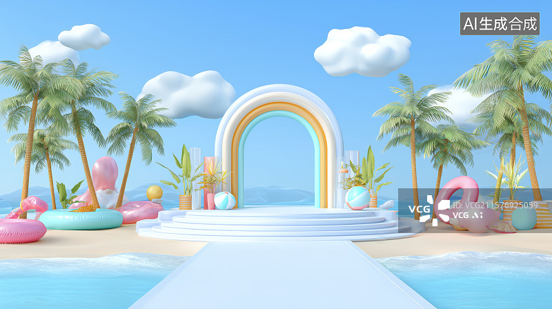 【AI数字艺术】热带海滩上的彩虹拱门与泳圈图片素材