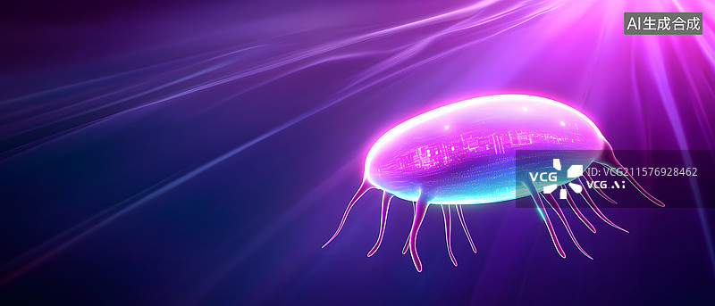 【AI数字艺术】荧光微生物在紫色背景下的特写图片素材