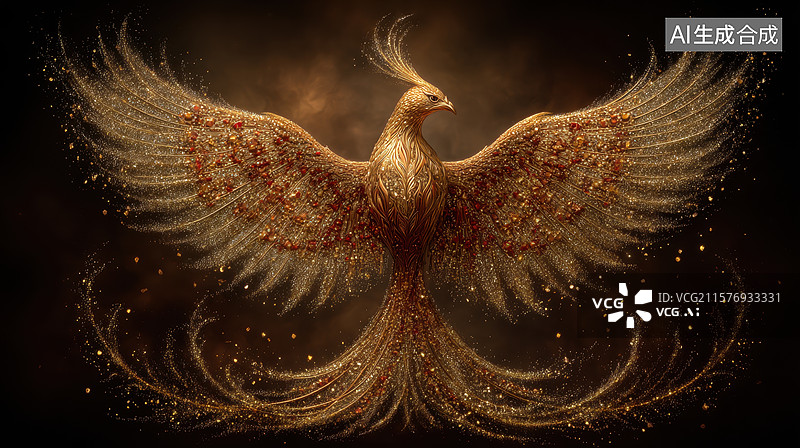 【AI数字艺术】金色凤凰展翅飞翔图片素材