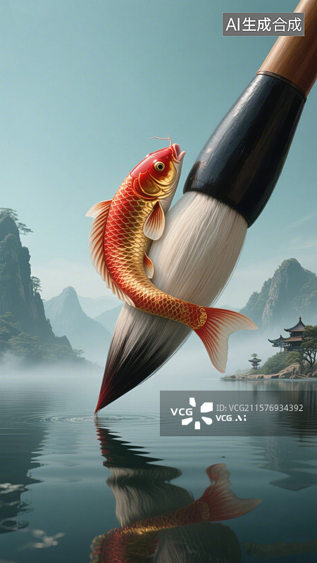 【AI数字艺术】毛笔轻触水面，金鱼跃然其上图片素材