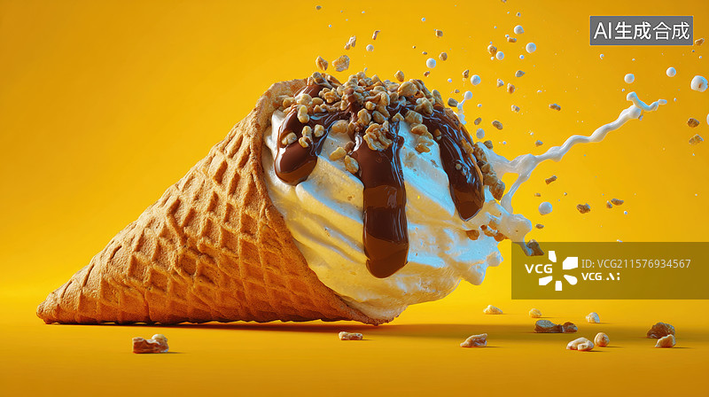 【AI数字艺术】冰淇淋掉落，奶油与坚果四溅瞬间图片素材