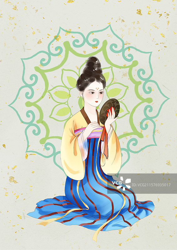 对镜梳妆仕女席地而坐人物插画图片素材