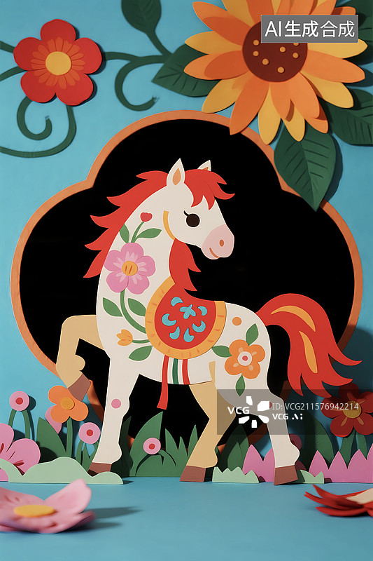 【AI数字艺术】马年生肖剪纸卡通小马国风图片素材
