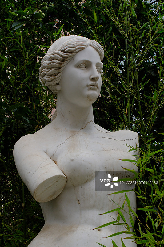 校园雕塑。大理石女性雕像。断臂维纳斯。竹林。竹子图片素材