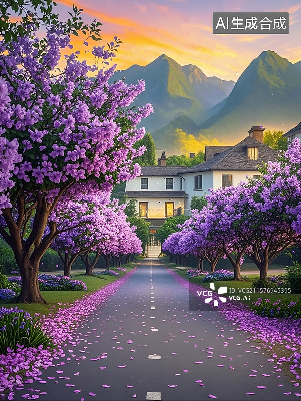 【AI数字艺术】幽静的道路两旁，生长着紫色矮小美化花树，花瓣随风飘零满天飞舞，色彩斑斓，远处山水间有一座别墅图片素材