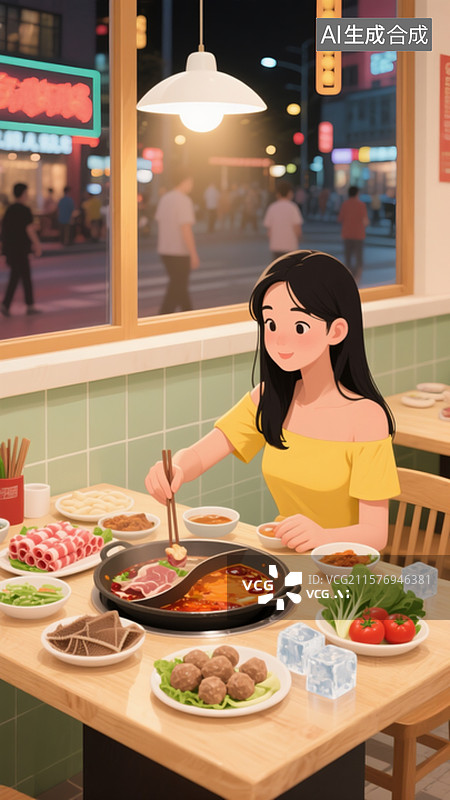 【AI数字艺术】一位年轻女性，坐在火锅店靠窗餐桌前吃火锅。桌面羊肉卷、生肉、毛肚、火锅丸子、青菜图片素材