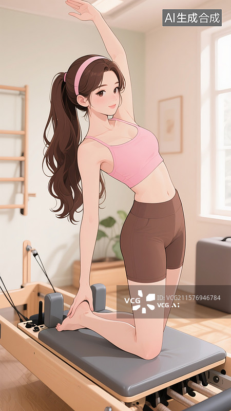 【AI数字艺术】一个长发大波浪深棕色头发的女人，身材高挑苗条在练普拉提，站在普拉提床上图片素材