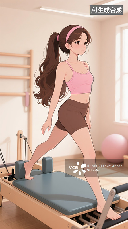 【AI数字艺术】一个长发大波浪深棕色头发的女人，身材高挑苗条在练普拉提，站在普拉提床上图片素材