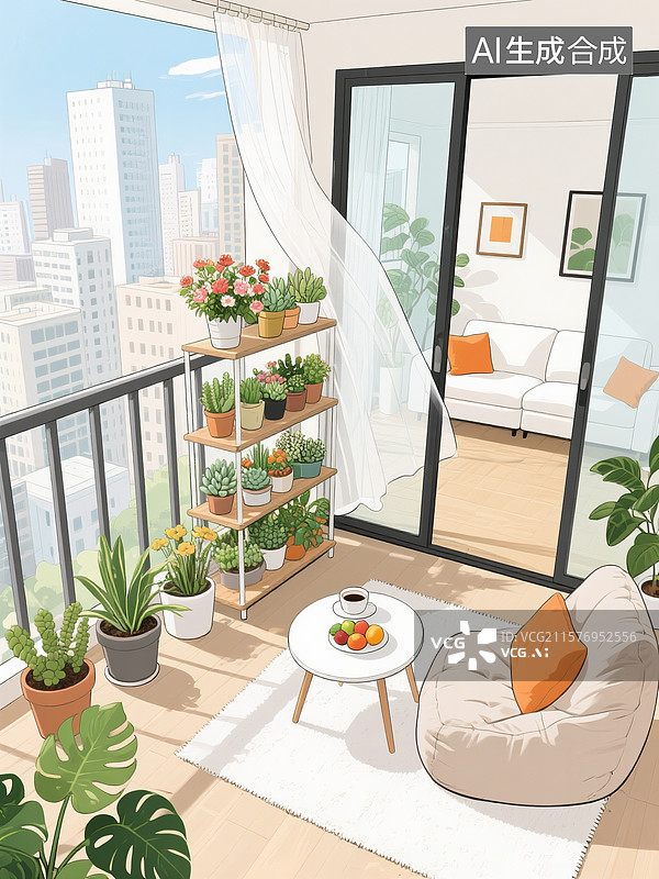 【AI数字艺术】城市阳台景观，一个三层花架，上面摆满了各种多肉植物，放在阳台的一角图片素材