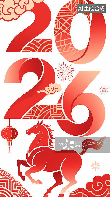 【AI数字艺术】抽象红色线条马年插画图片素材