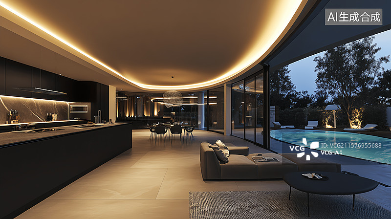 【AI数字艺术】现代轻奢黑金带开放式厨房泳池独立式住宅别墅图片素材