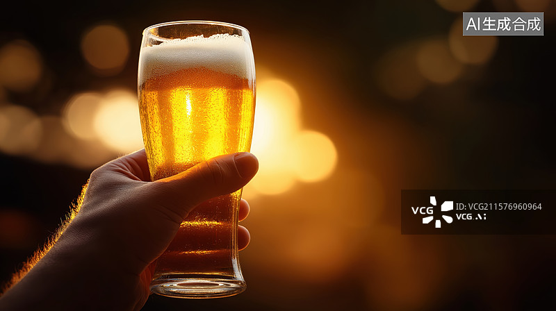 【AI数字艺术】手握啤酒杯，金色泡沫闪烁图片素材