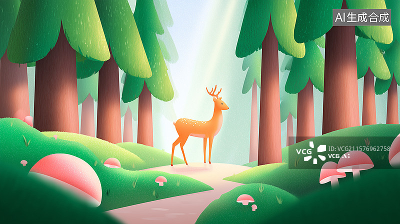 【AI数字艺术】森林小鹿插画场景图片素材