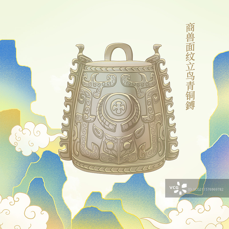 商兽面纹立鸟青铜鎛图片素材