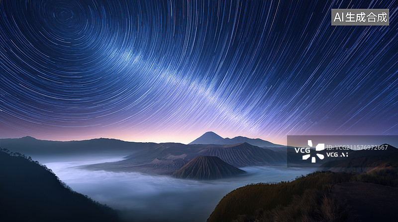 【AI数字艺术】星轨环绕山峦的夜空景象图片素材