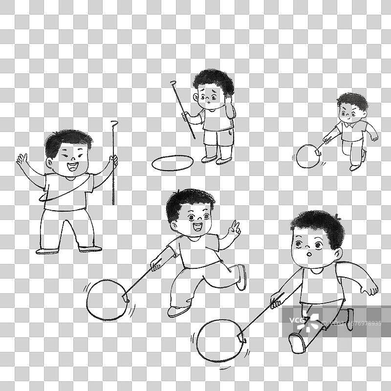 手绘水墨吹几个玩滚铁环的男孩线稿免抠元素图片素材