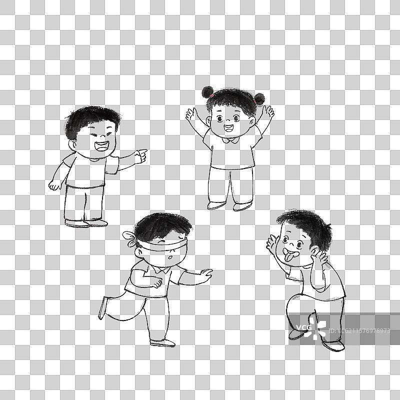 手绘水墨几个抓迷藏的儿童线稿免抠元素图片素材