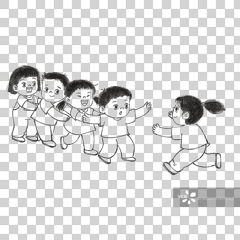 手绘水墨一群孩子老鹰抓小鸡线稿免抠元素图片素材