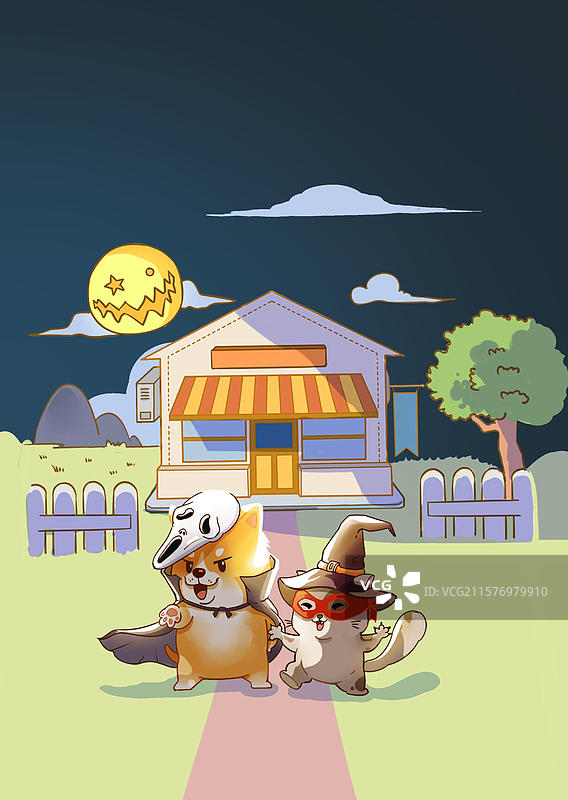 万圣节小猫小狗鬼怪装扮玩耍图片素材