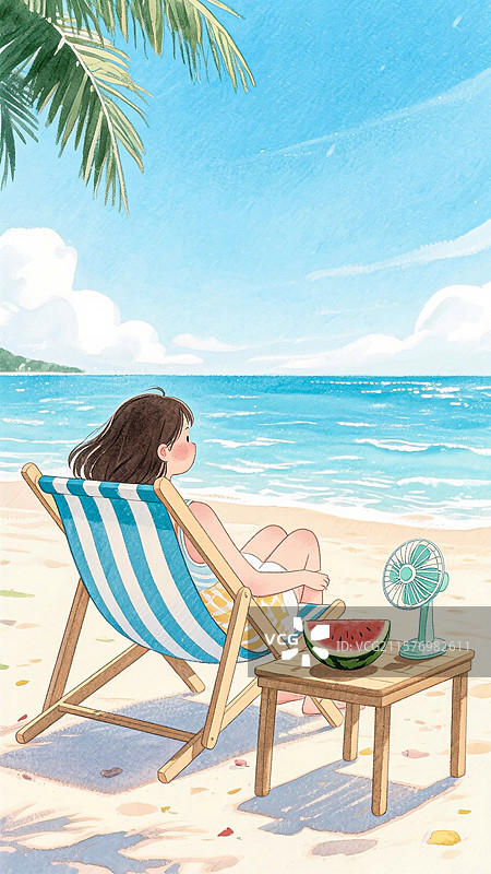夏日少女乘凉避暑卡通插画图片素材