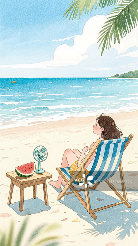 夏日少女乘凉避暑卡通插画图片素材