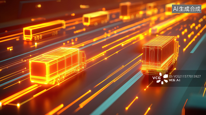 【AI数字艺术】快递物流区橙黄全息线条指引运输车辆科技背景图片素材