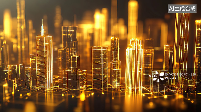 【AI数字艺术】城市高楼大厦金色全息线条建筑背景图片素材