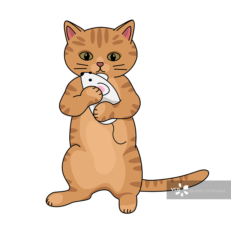 可爱的姜黄色小猫用爪子抓着一只玩具老鼠图片素材